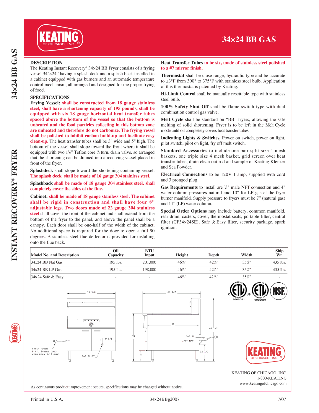 Keating Of Chicago 34x24 BB Gas manual Description, Specifications 