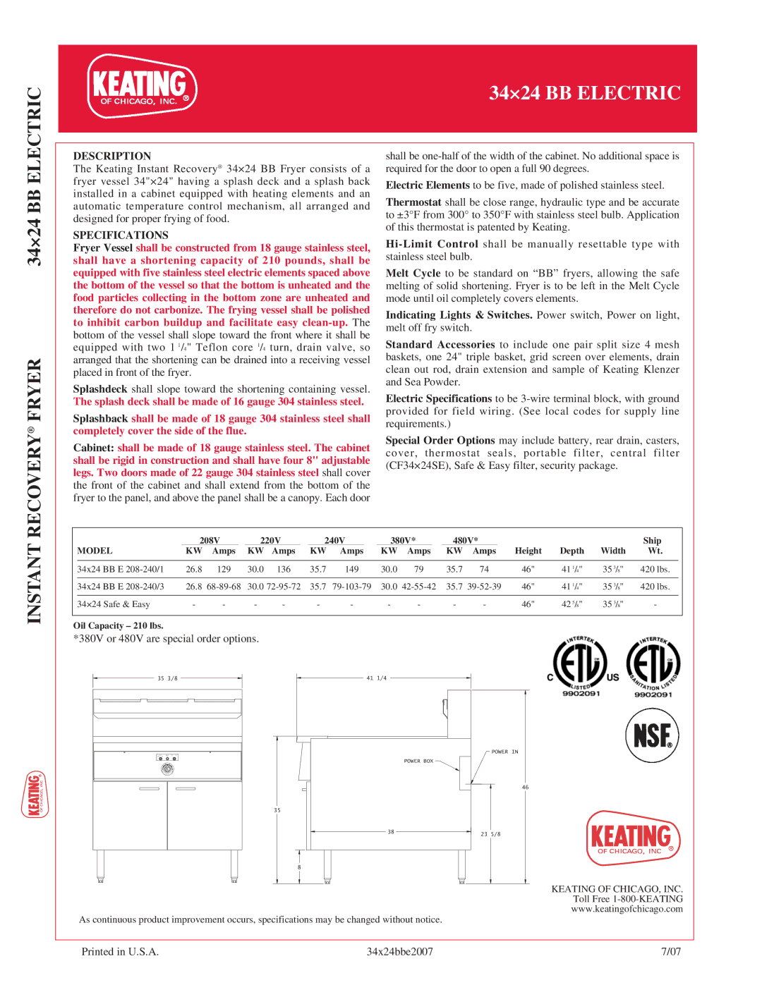 Keating Of Chicago 34x24 BB manual Electric, Recovery Fryer, Instant, Description, Specifications 