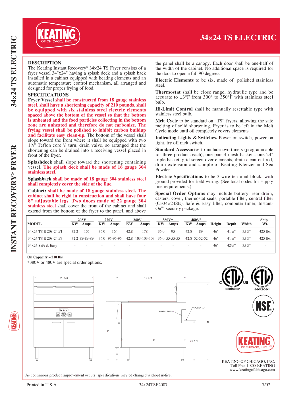 Keating Of Chicago 34x24 TS manual Electric, Recovery Fryer, Instant, Description, Specifications 