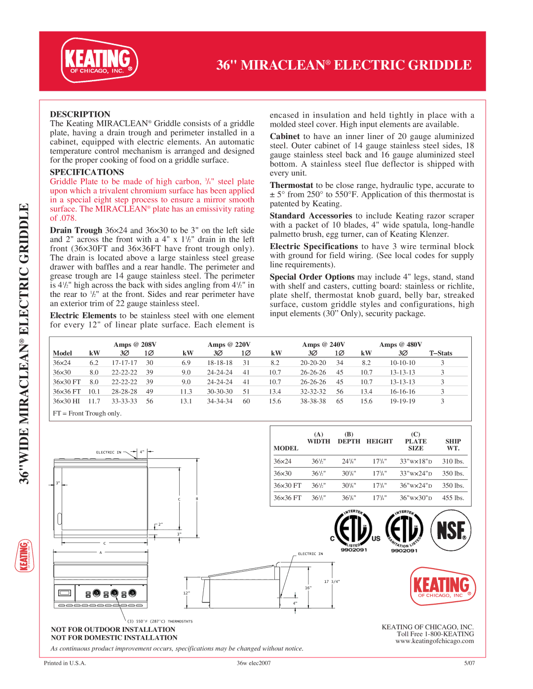 Keating Of Chicago 3624 361, 3630 361, 3636 FT 361 manual Electric Griddle, Miraclean, 36WIDE, Description, Specifications 