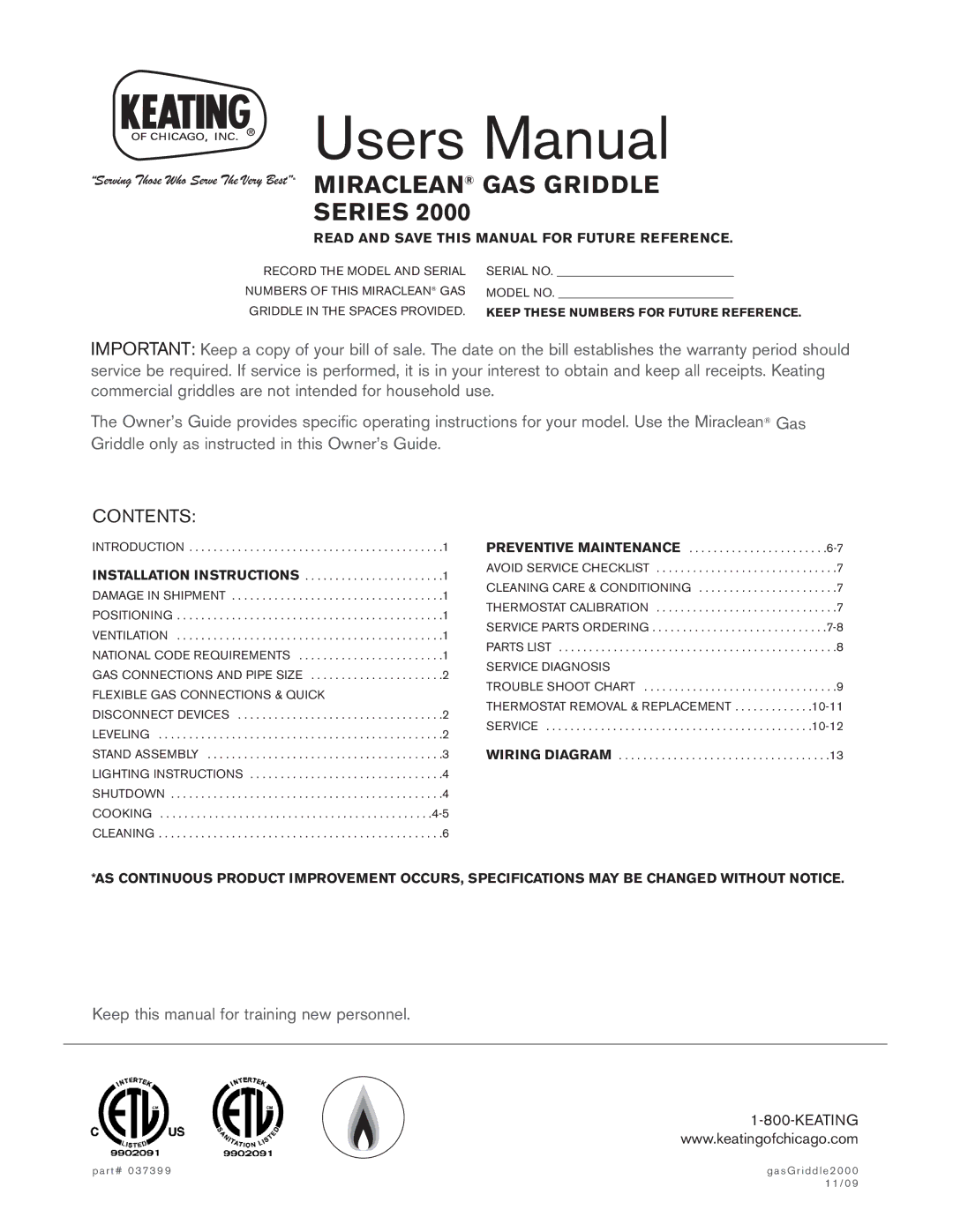 Keating Of Chicago 37399 user manual Miraclean GAS Griddle Series, Contents 