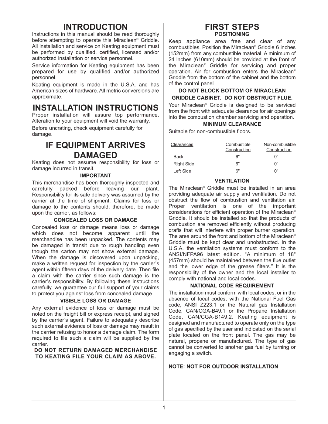 Keating Of Chicago 37399 user manual Introduction, Installation Instructions, If Equipment Arrives Damaged, First Steps 