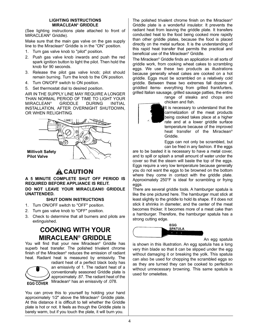 Keating Of Chicago 37399 user manual Cooking with Your Miraclean Griddle, Lighting Instructions Miraclean Griddle 