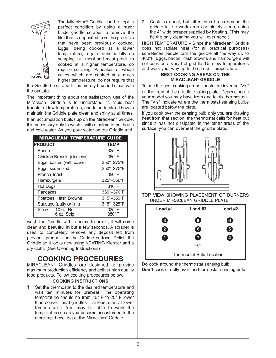 Keating Of Chicago 37399 Cooking Procedures, Product Temp, Cooking Instructions, Best Cooking Areas on Miraclean Griddle 