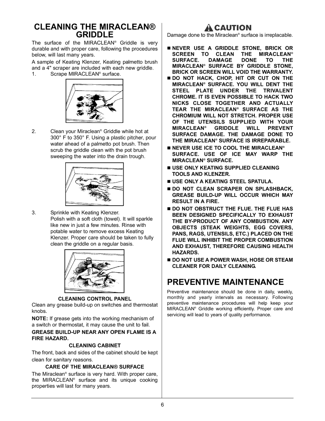 Keating Of Chicago 37399 user manual Cleaning the Miraclean Griddle, Preventive Maintenance, Cleaning Control Panel 