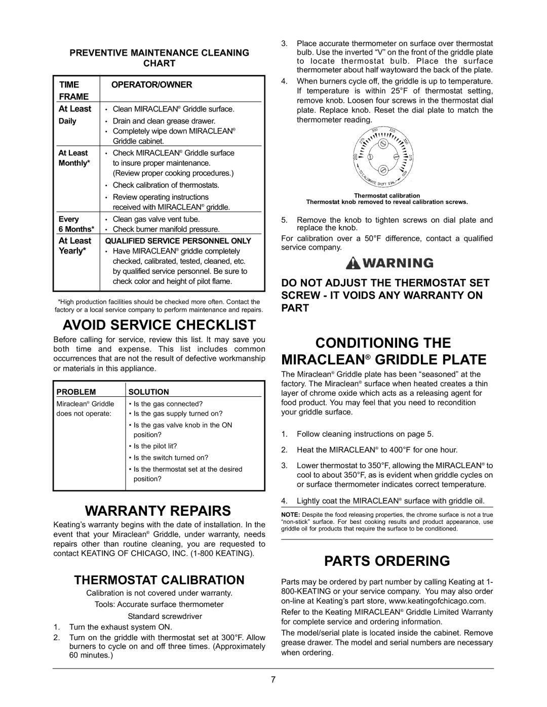 Keating Of Chicago 37399 Avoid Service Checklist, Warranty Repairs, Conditioning Miraclean Griddle Plate, Parts Ordering 