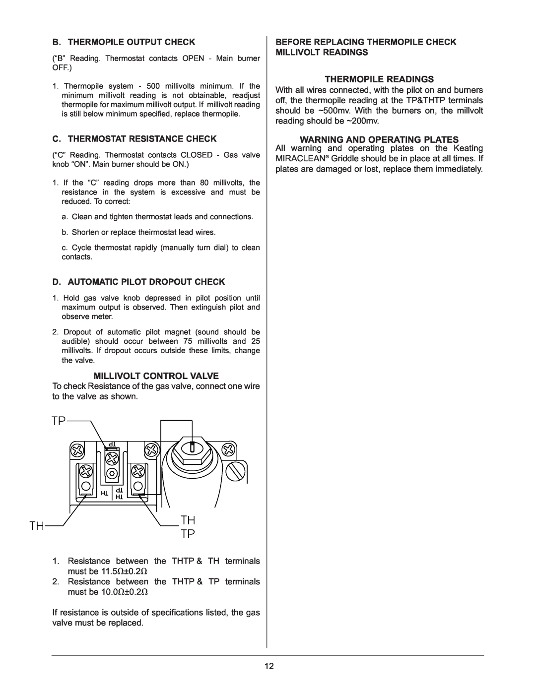 Keating Of Chicago 37399 user manual Millivolt Control Valve, Thermopile Readings, Warning And Operating Plates 