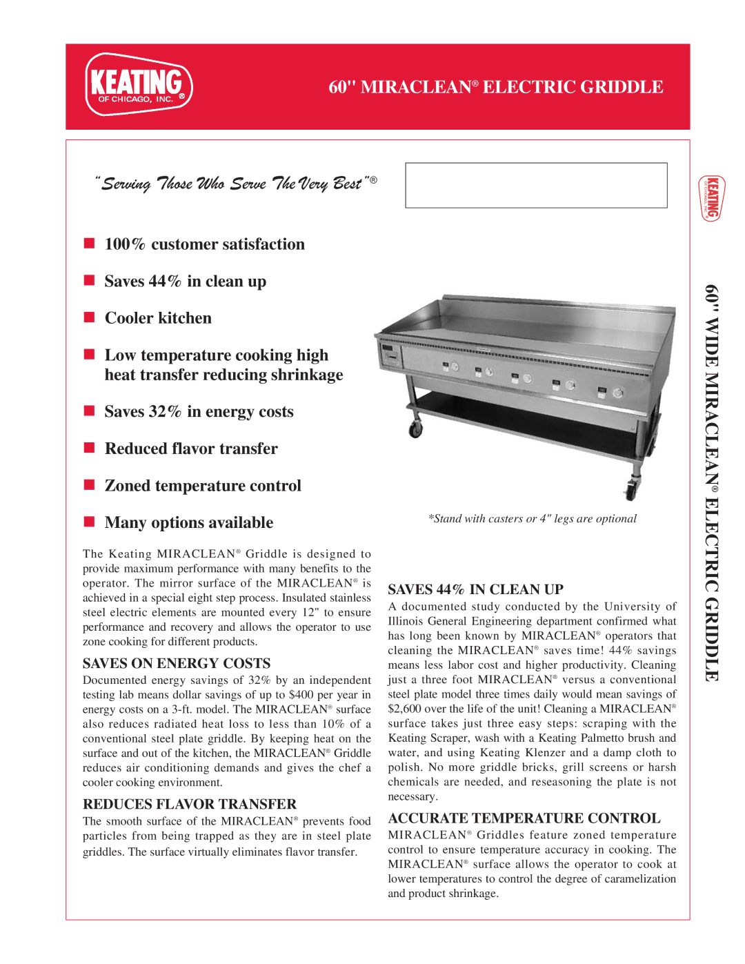 Keating Of Chicago 60 manual Wide Miraclean Electric Griddle, Saves on Energy Costs, Reduces Flavor Transfer 