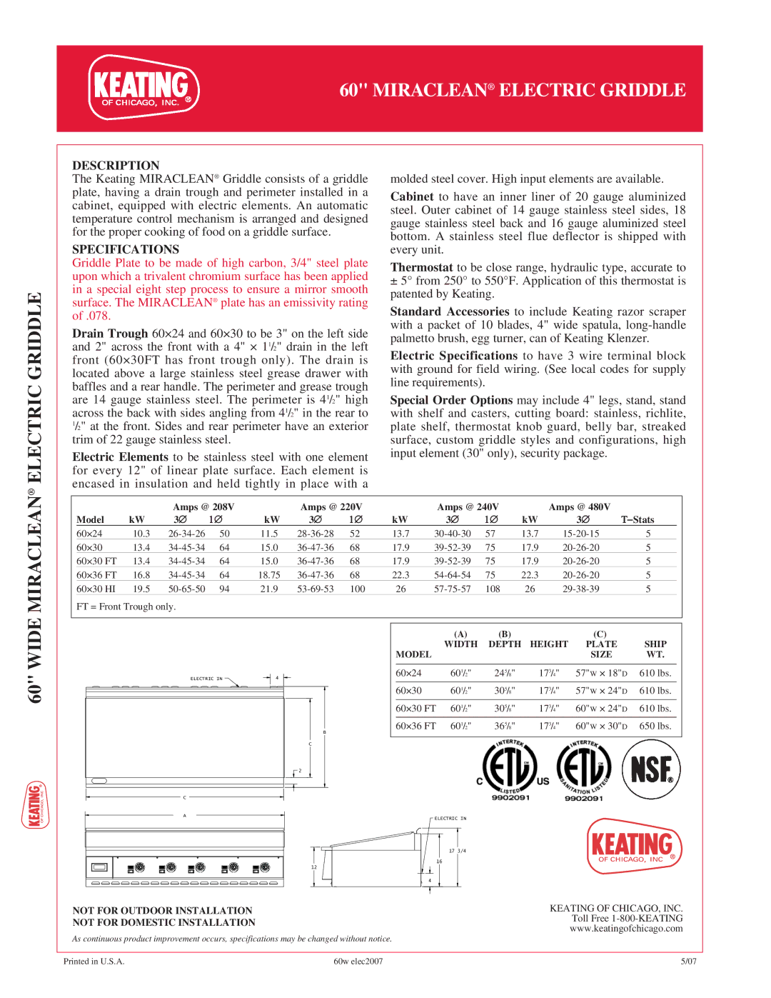 Keating Of Chicago 60 manual Electric Griddle, Miraclean, Description, Specifications 