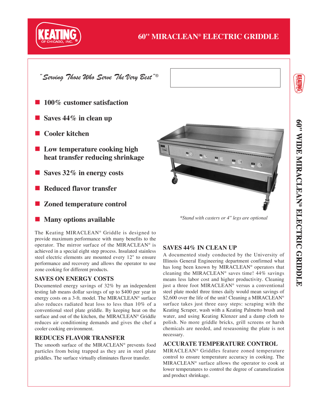 Keating Of Chicago 60 manual Wide Miraclean Electric Griddle, “Serving Those Who Serve The Very Best”, Cooler kitchen 