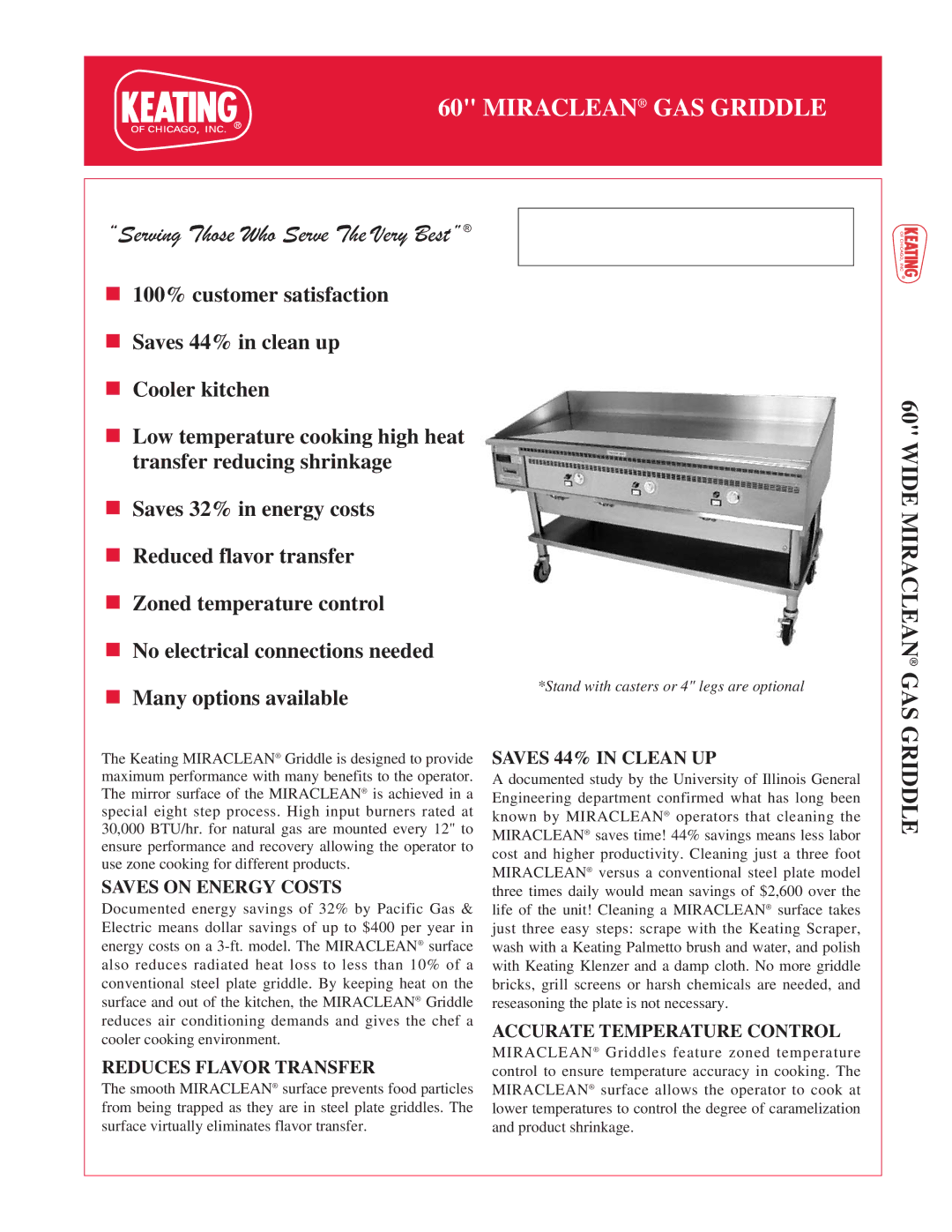 Keating Of Chicago 6030, 6036, 6024 manual Wide Miraclean GAS Griddle, Saves on Energy Costs, Reduces Flavor Transfer 