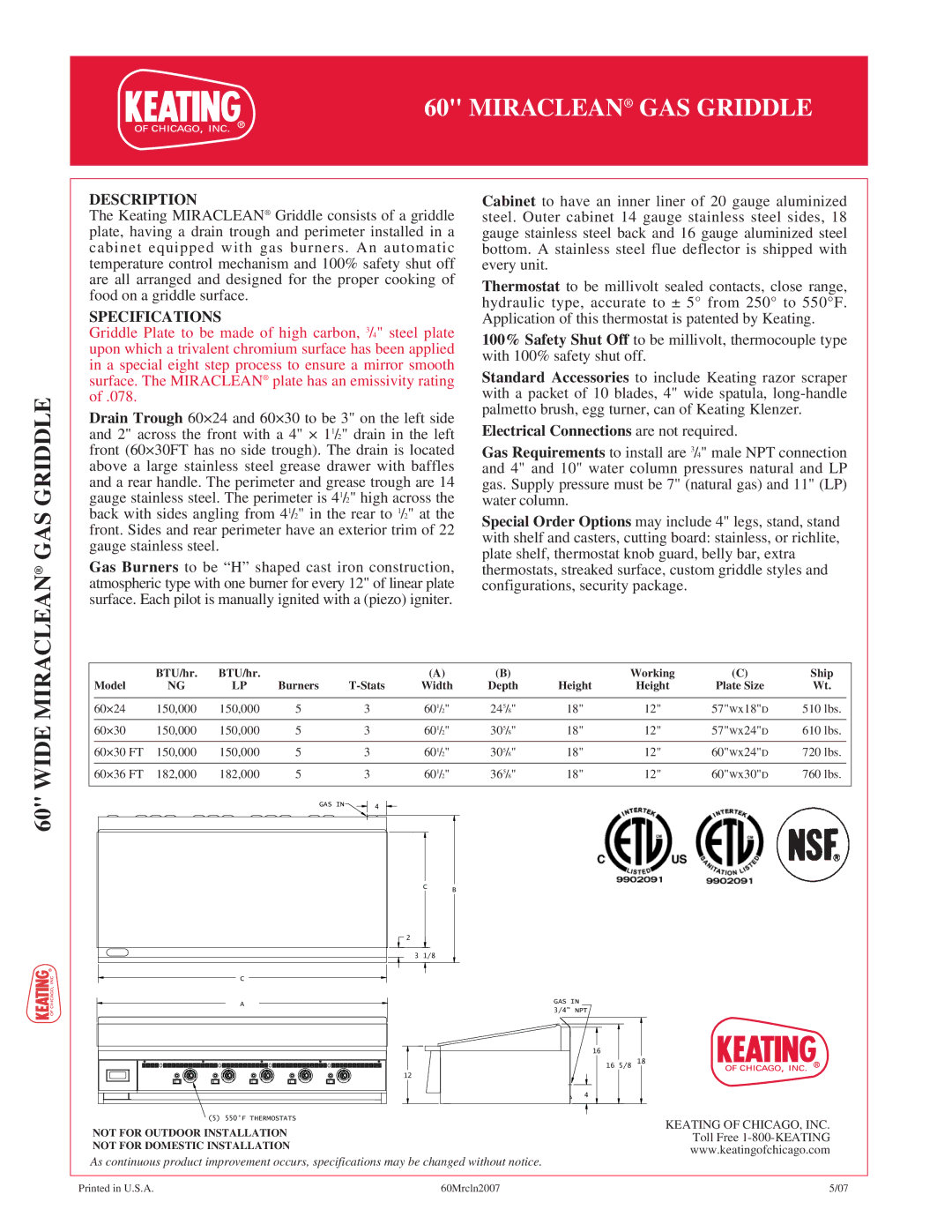 Keating Of Chicago 6024, 6036, 6030 manual Miraclean GAS Griddle, Wide, Description, Specifications 