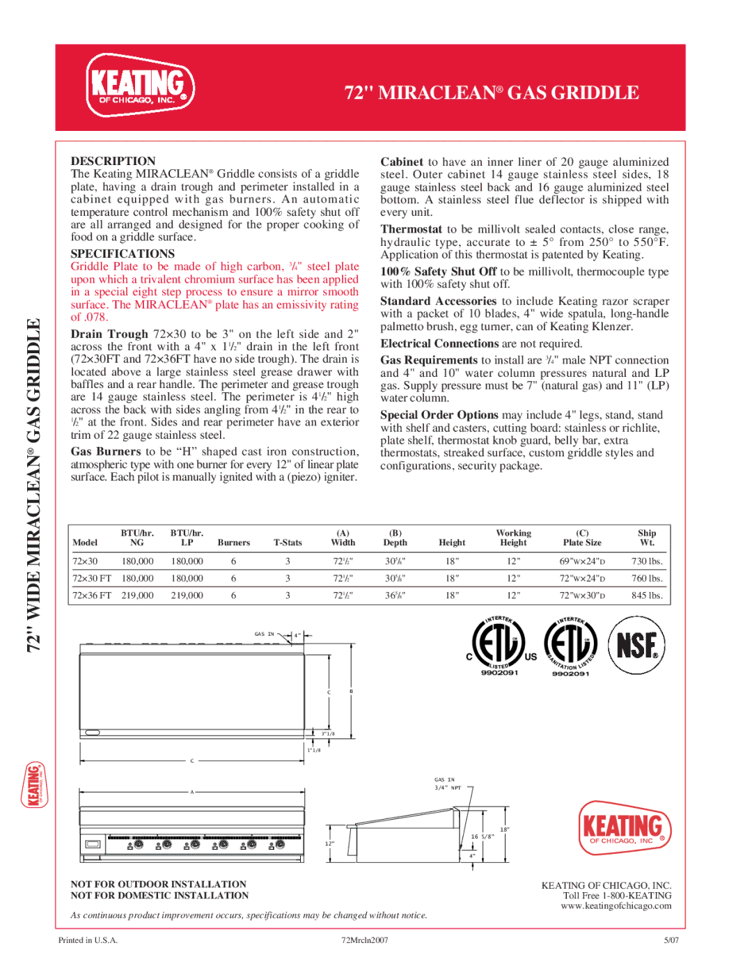 Keating Of Chicago 72 manual Description, Specifications 