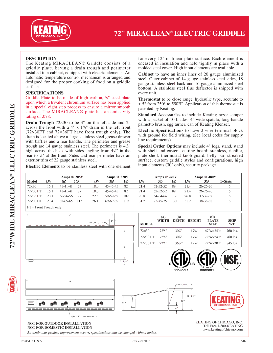 Keating Of Chicago 7236, 7230 manual Electric Griddle, Miraclean, 72WIDE, Description, Specifications 