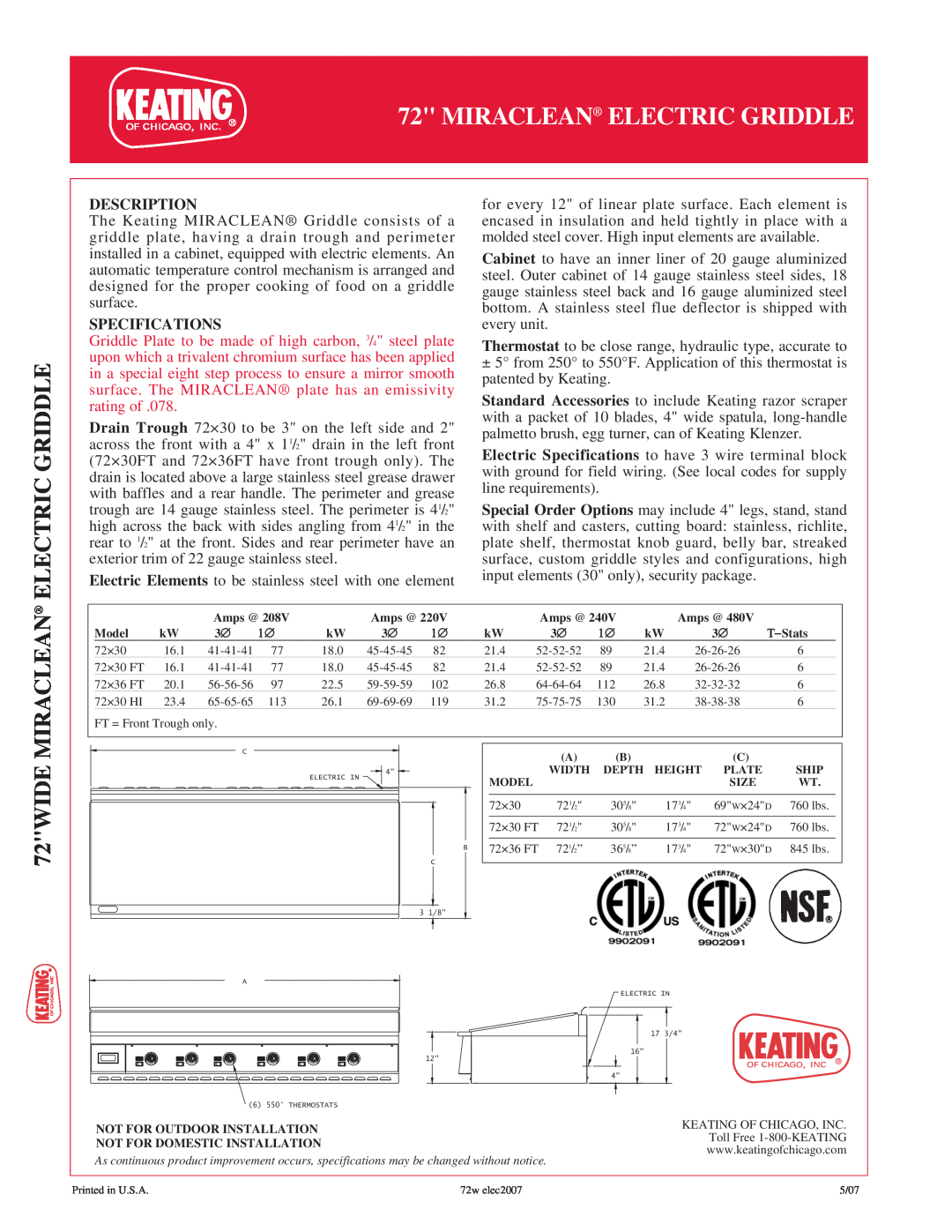 Keating Of Chicago 7236, 7230 manual 72WIDE, Description, Specifications, Miraclean Electric Griddle 