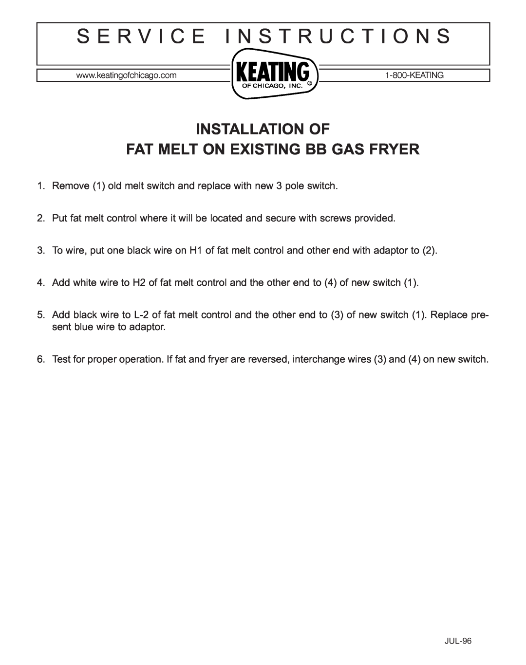 Keating Of Chicago BB Gas Fryer manual S E R V I C E I N S T R U C T I O N S 