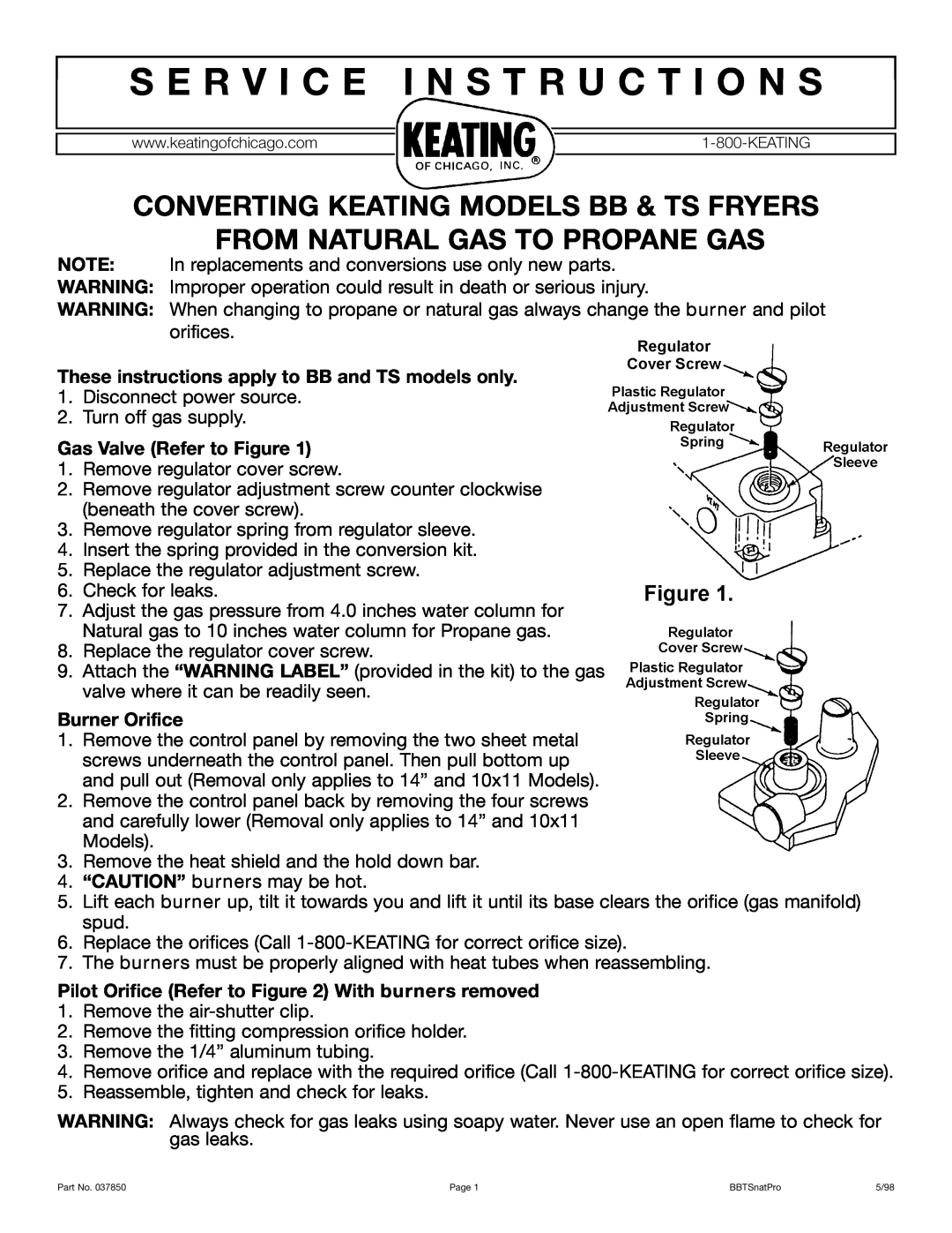 Keating Of Chicago manual S E R V I C E I N S T R U C T I O N S, These instructions apply to BB and TS models only 