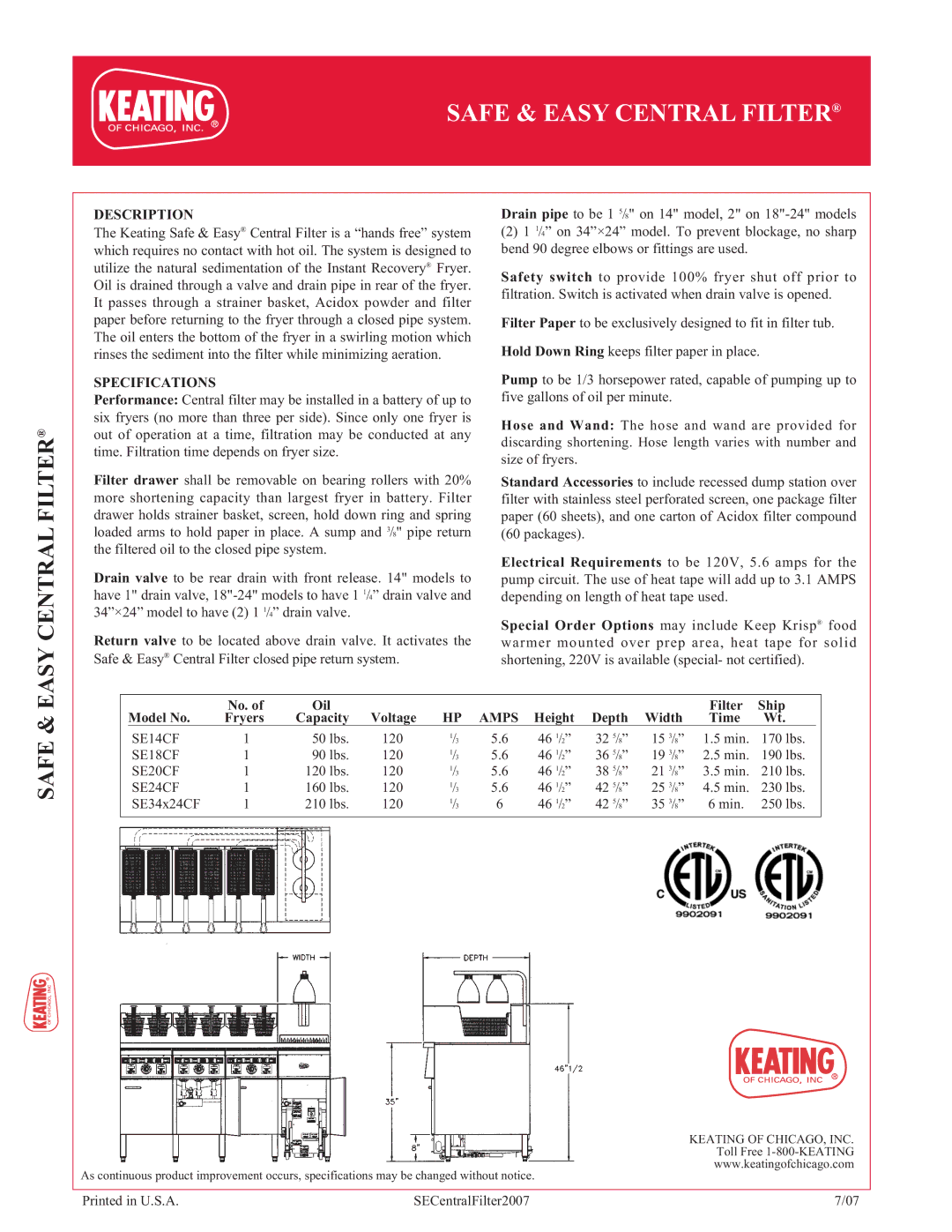 Keating Of Chicago manual Easy Central Filter, Safe, Description, Specifications, Amps 