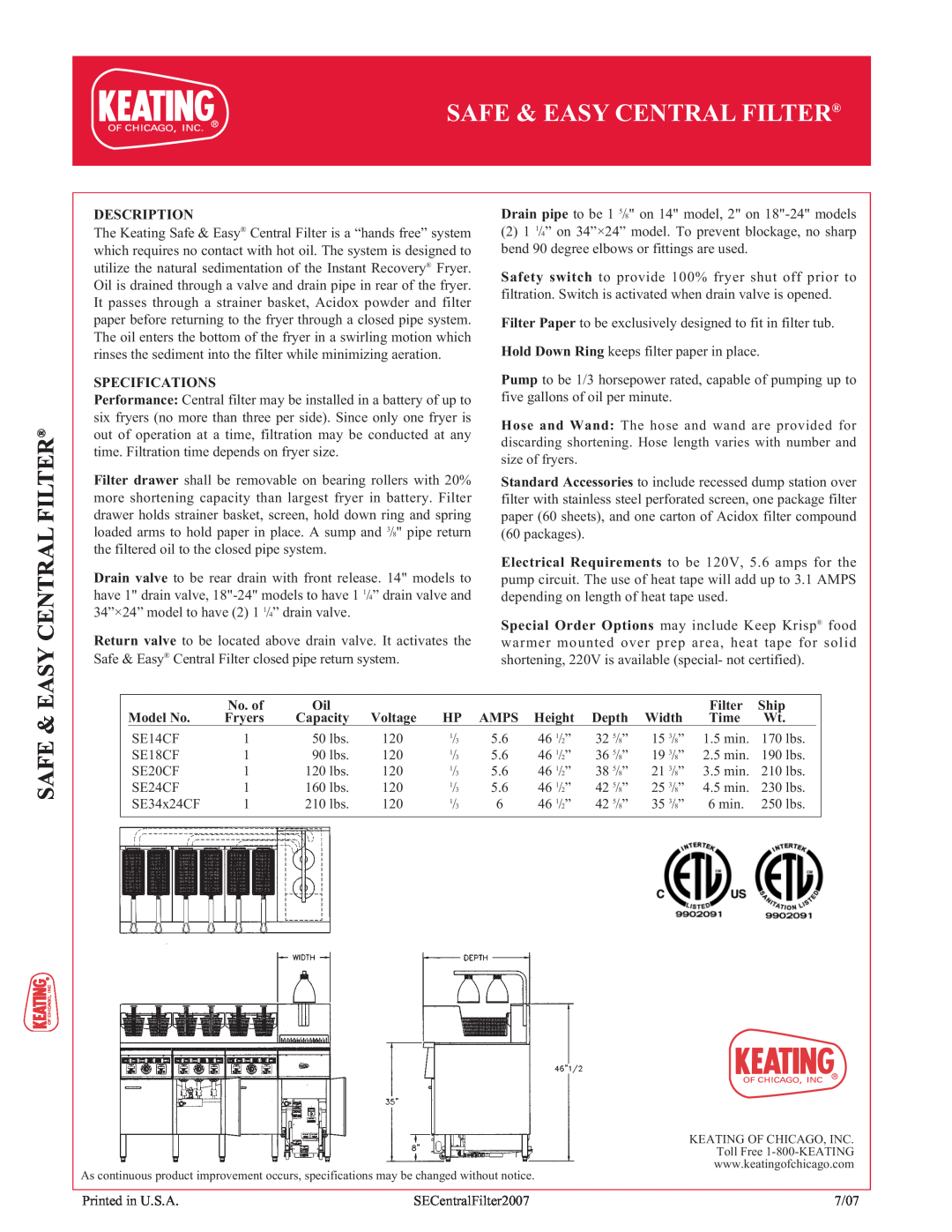 Keating Of Chicago Safe & Easy Central Filter, Description, Specifications, No. of, Ship, Model No, Fryers 