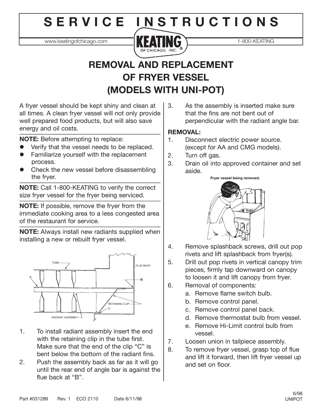 Keating Of Chicago 031289, CMG manual R V I C E I N S T R U C T I O N S, Removal 