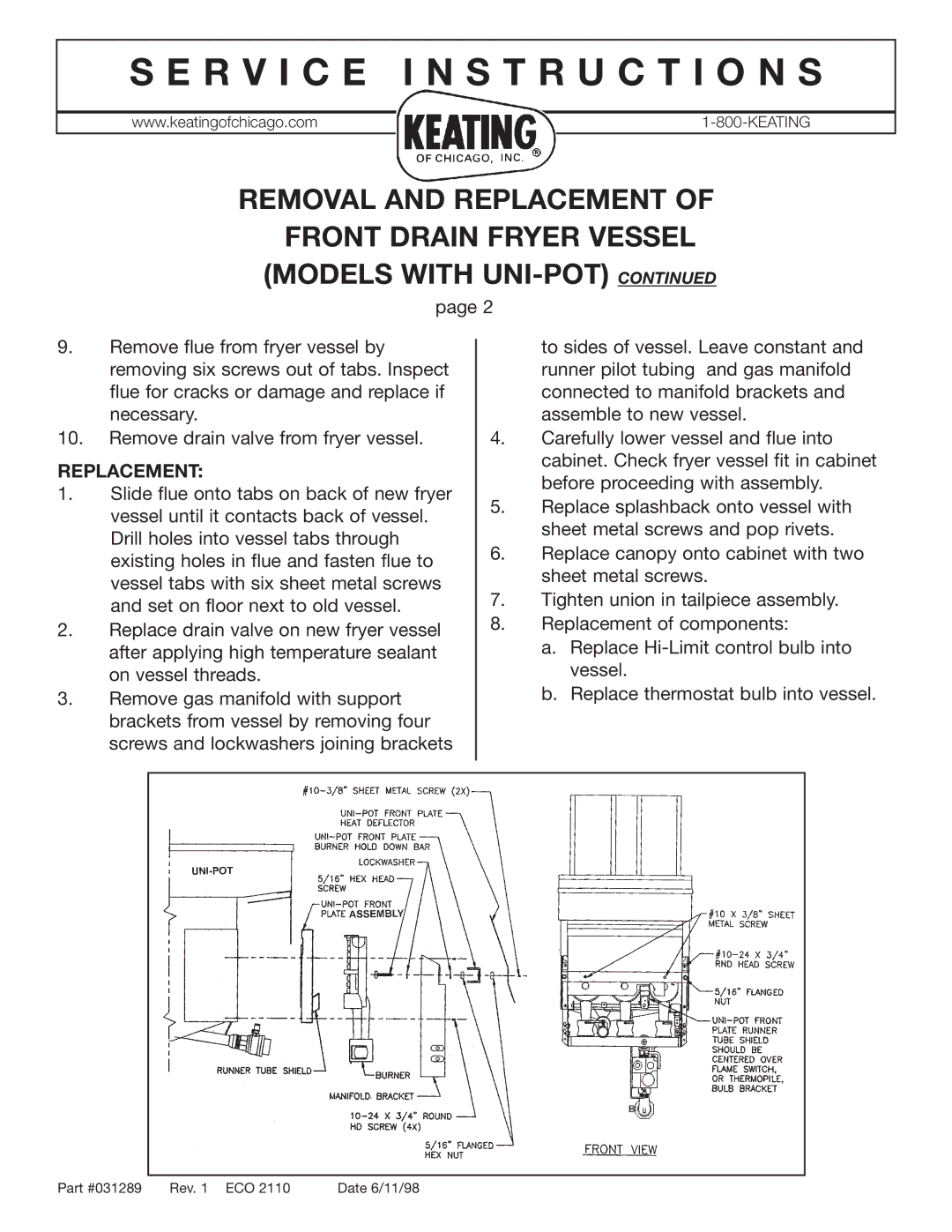 Keating Of Chicago CMG, 031289 manual Replacement 