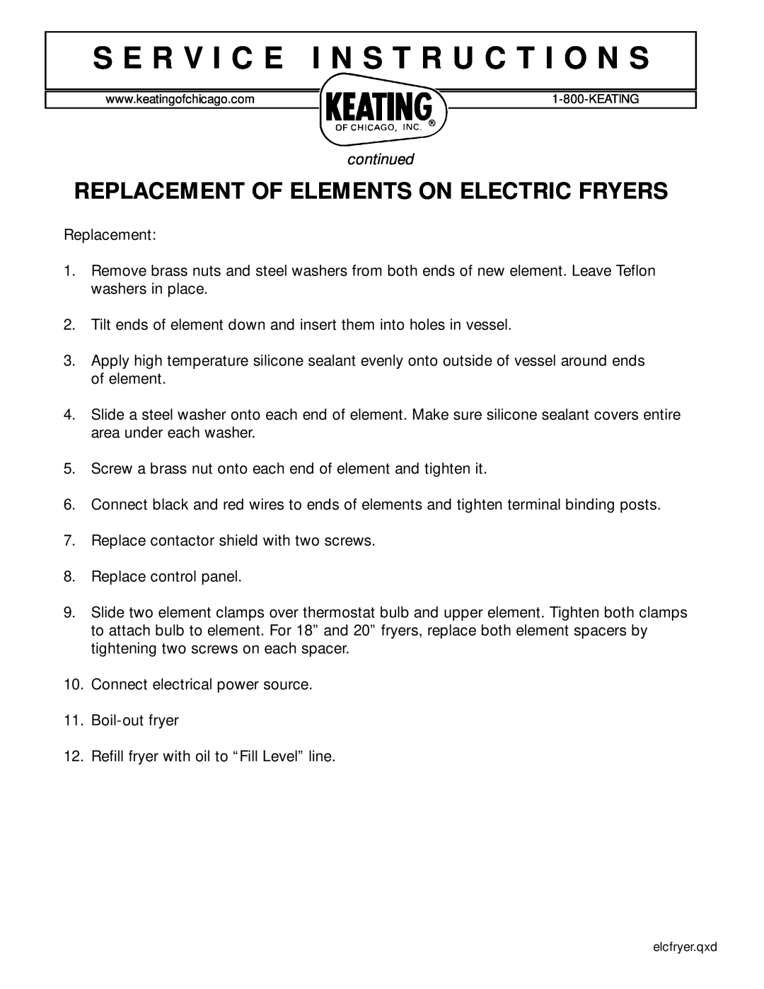 Keating Of Chicago manual Replacement Of Elements On Electric Fryers, S E R V I C E I N S T R U C T I O N S, continued 