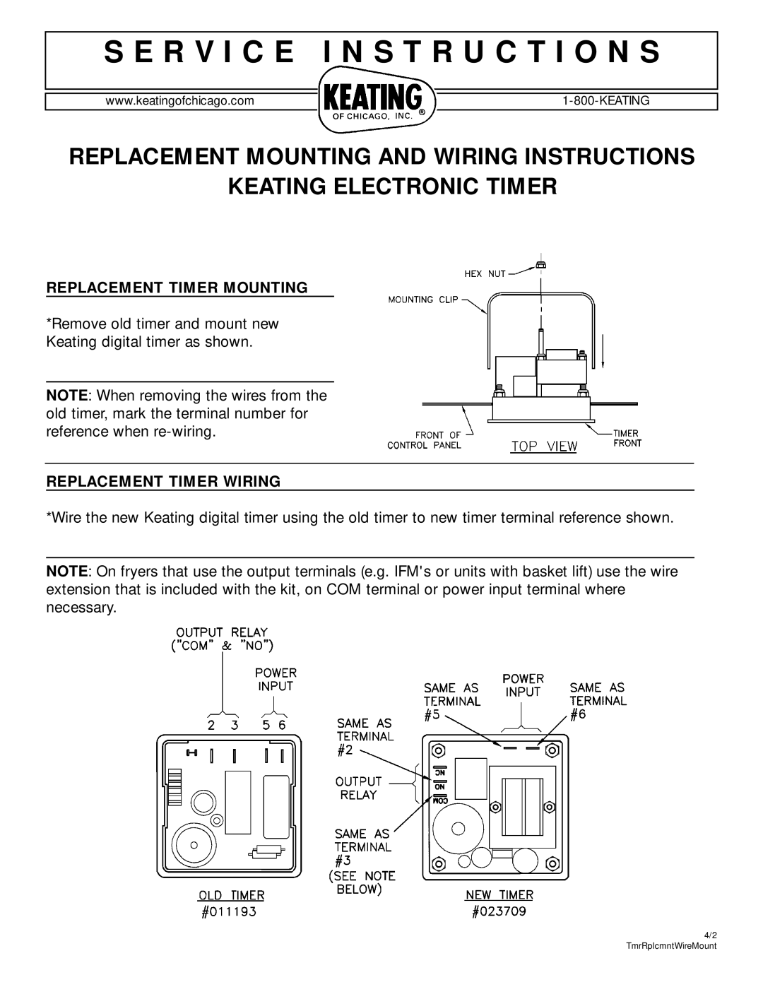 Keating Of Chicago Electronic Timer manual R V I C E I N S T R U C T I O N S, Replacement Timer Mounting 