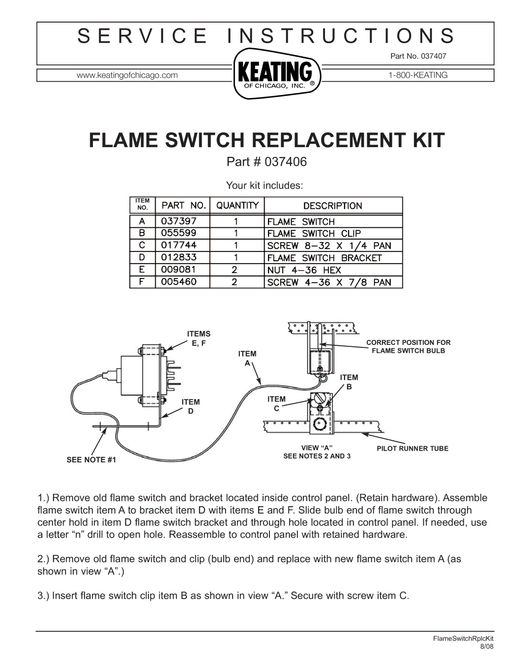 Keating Of Chicago manual Flame Switch Replacement KIT, 037406, Your kit includes 