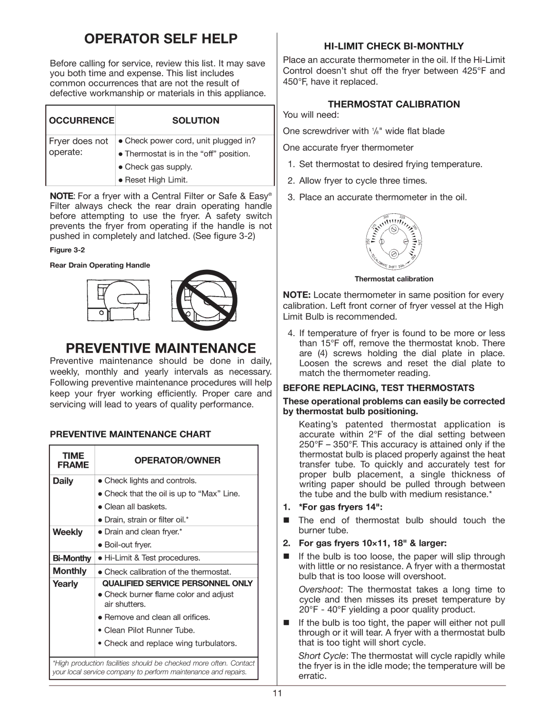 Keating Of Chicago Fryer user manual HI-LIMIT Check BI-MONTHLY, Thermostat Calibration, Occurrence Solution 