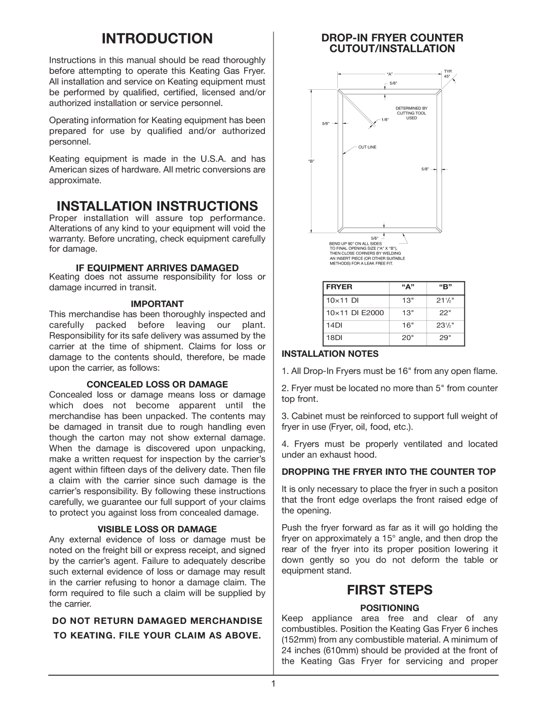 Keating Of Chicago Fryer user manual If Equipment Arrives Damaged 