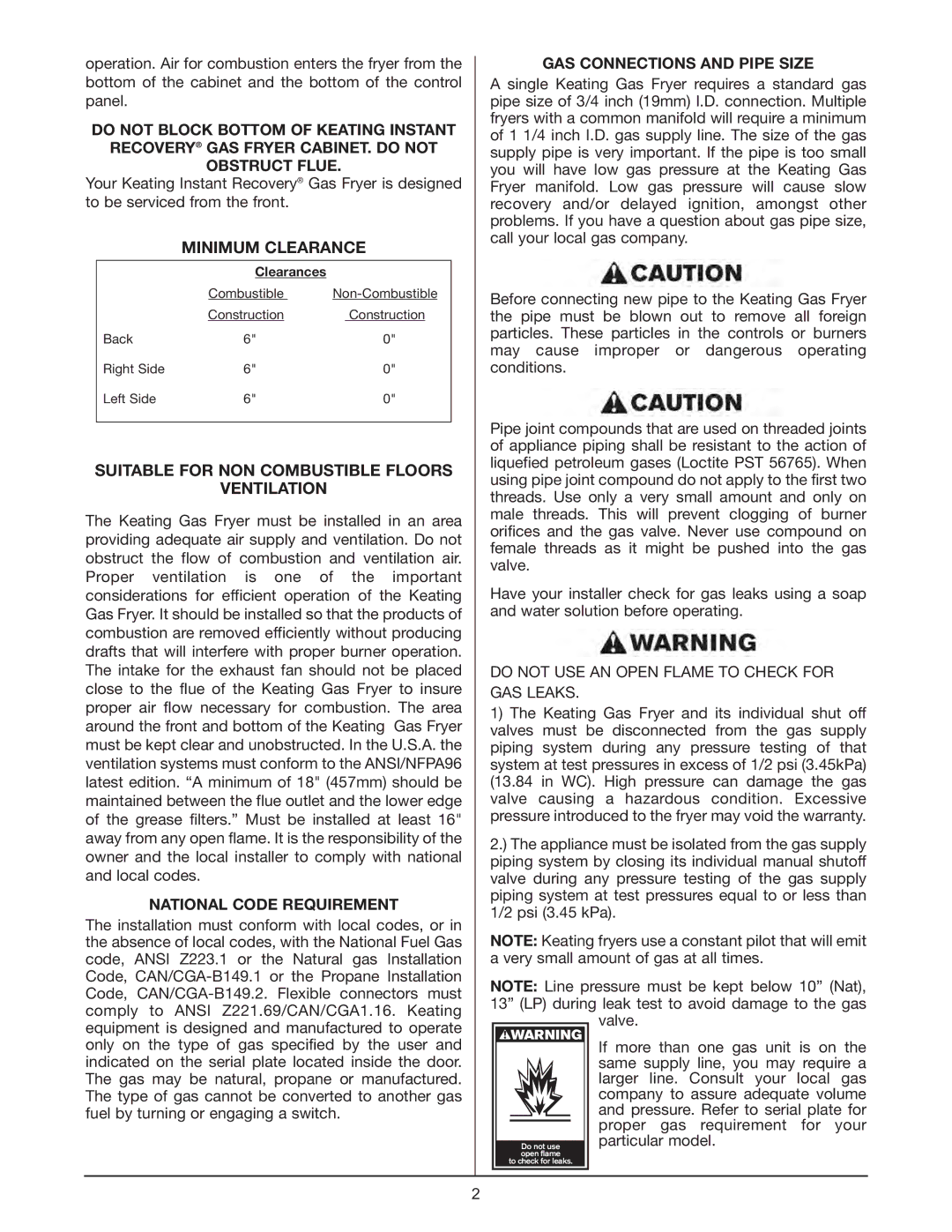 Keating Of Chicago Fryer Minimum Clearance, Suitable for NON Combustible Floors Ventilation, National Code Requirement 