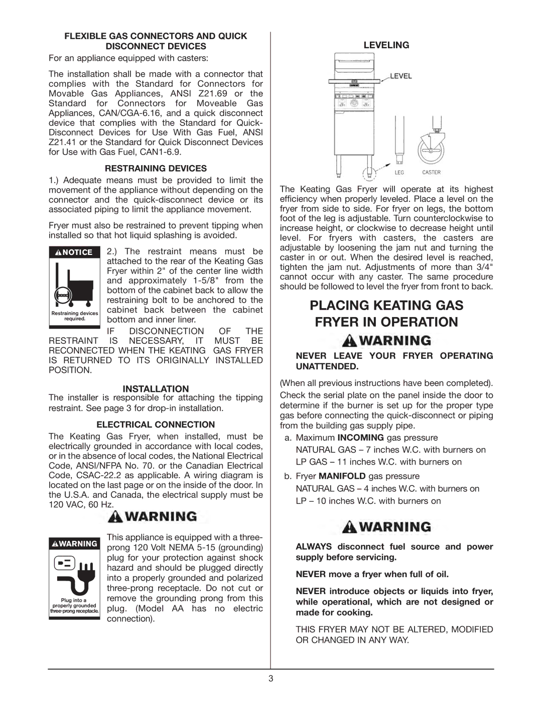 Keating Of Chicago Fryer user manual Installation, Leveling 