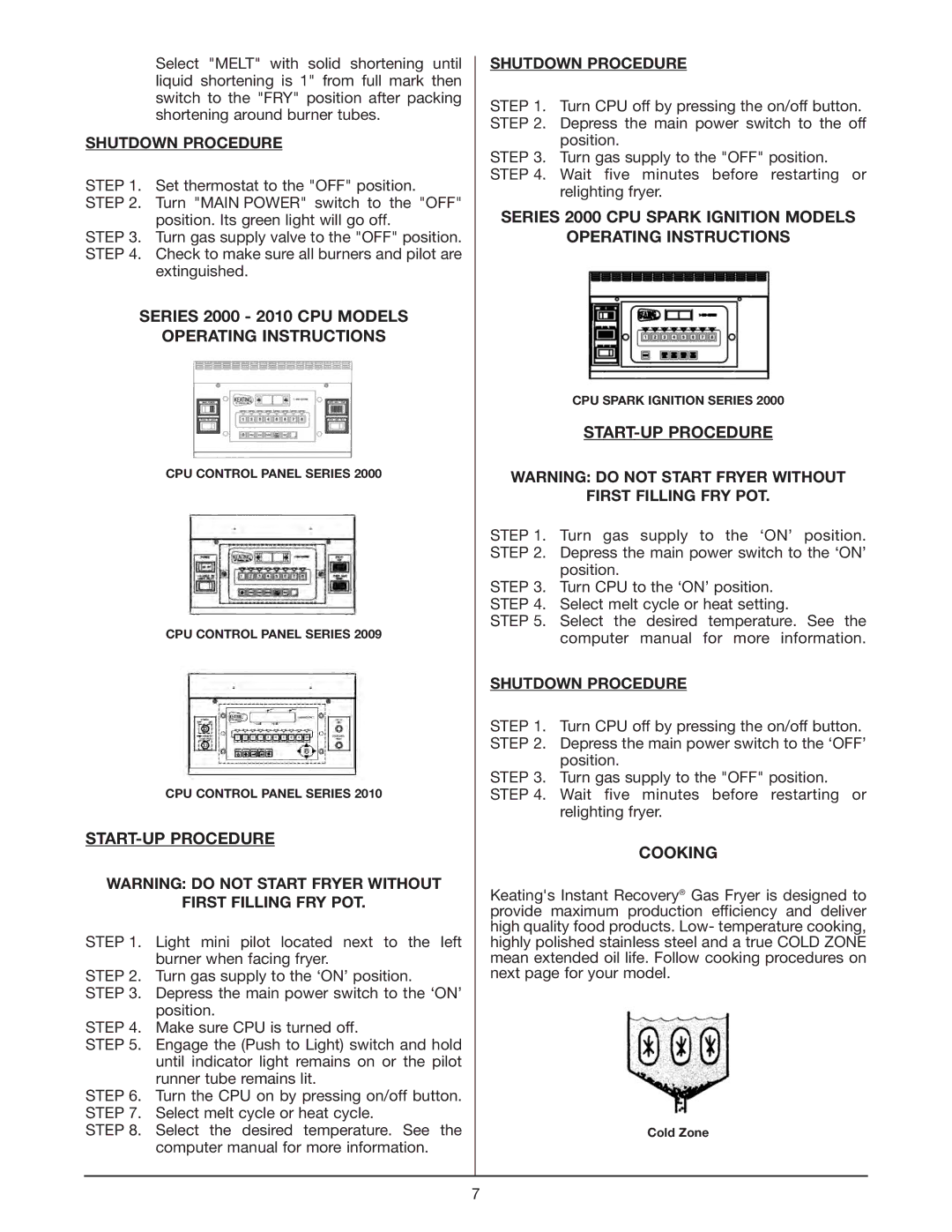 Keating Of Chicago Fryer user manual Series 2000 2010 CPU Models Operating Instructions, Cooking 