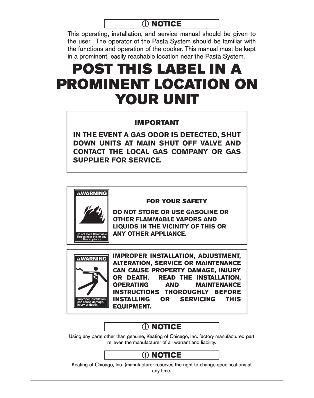 Keating Of Chicago Gas Custom Pasta System manual Post This Label In A Prominent Location On Your Unit 