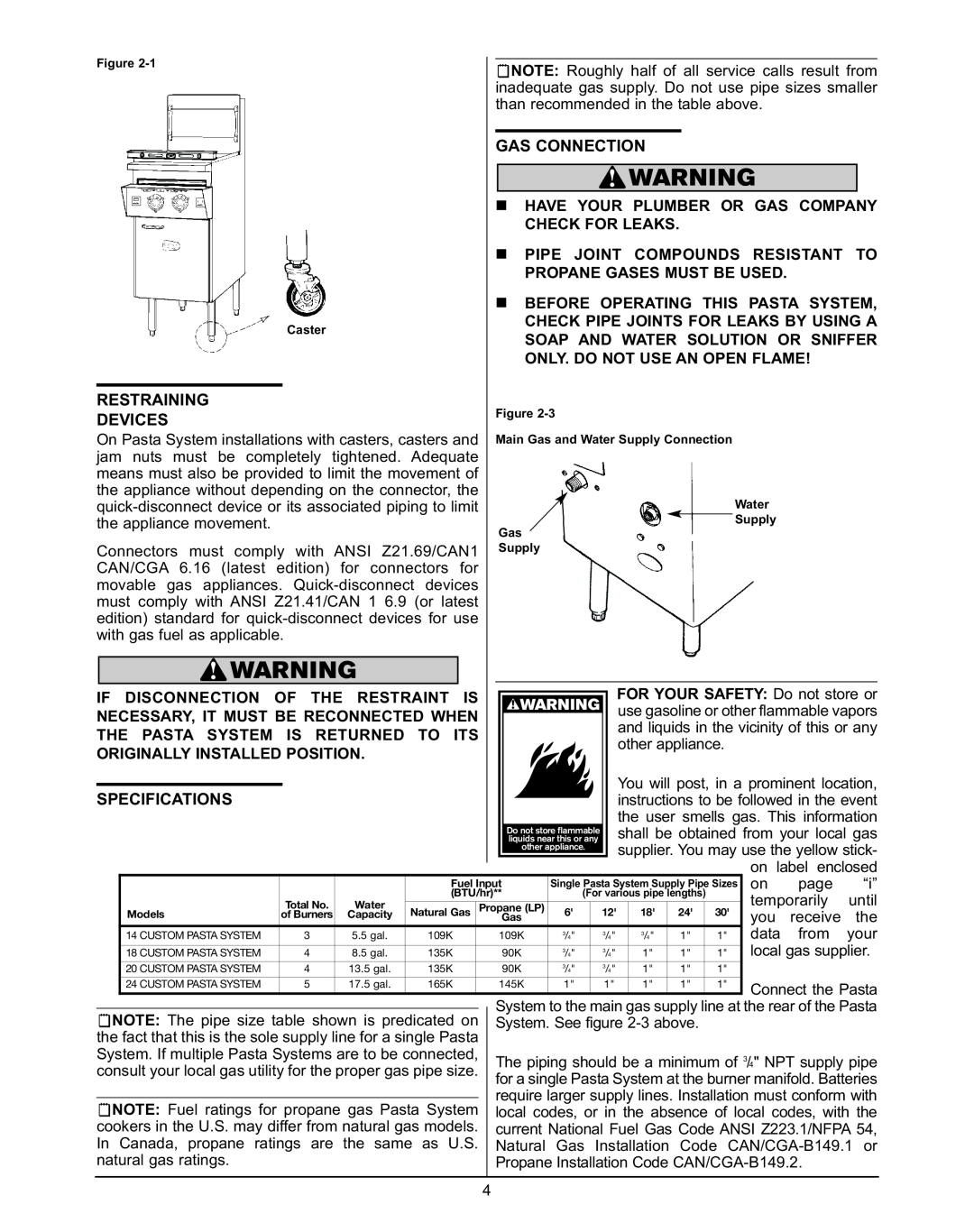 Keating Of Chicago Gas Custom Pasta System manual Restraining Devices, Gas Connection, Specifications 