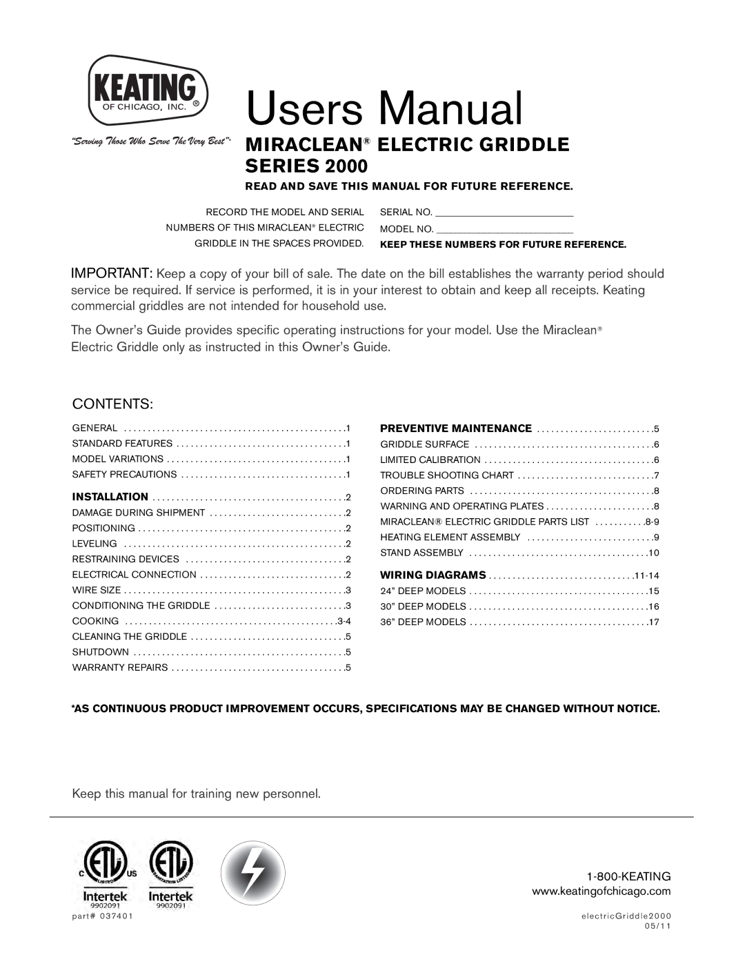 Keating Of Chicago user manual Miraclean Electric Griddle Series 