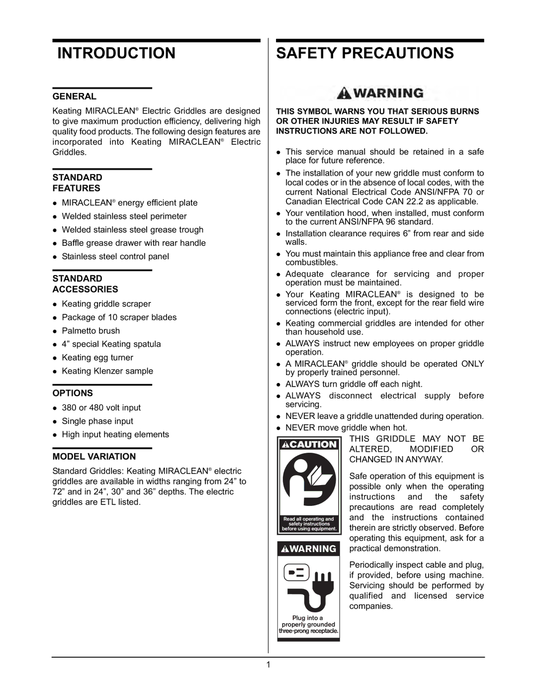 Keating Of Chicago Griddle user manual Introduction, Safety Precautions 