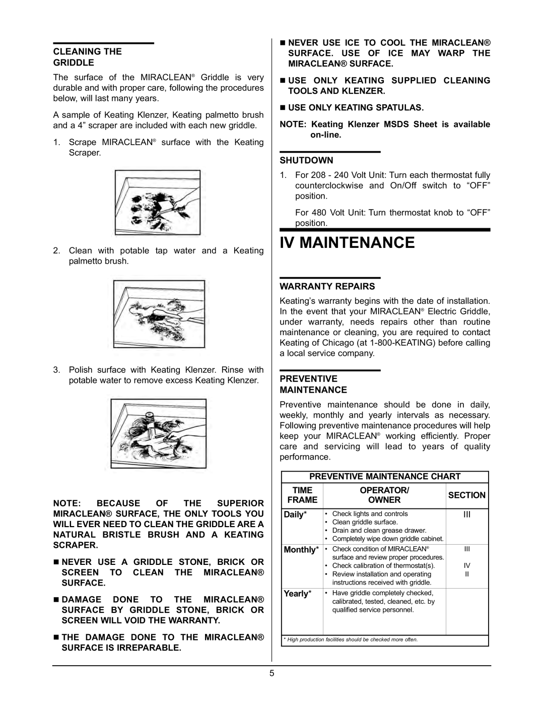 Keating Of Chicago user manual IV Maintenance, Cleaning Griddle, Shutdown, Warranty Repairs, Preventive Maintenance 