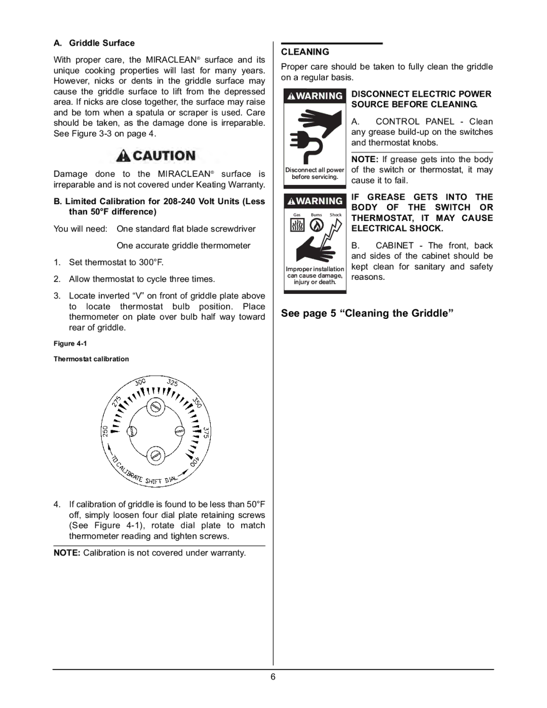 Keating Of Chicago user manual Griddle Surface, Disconnect Electric Power Source Before Cleaning 