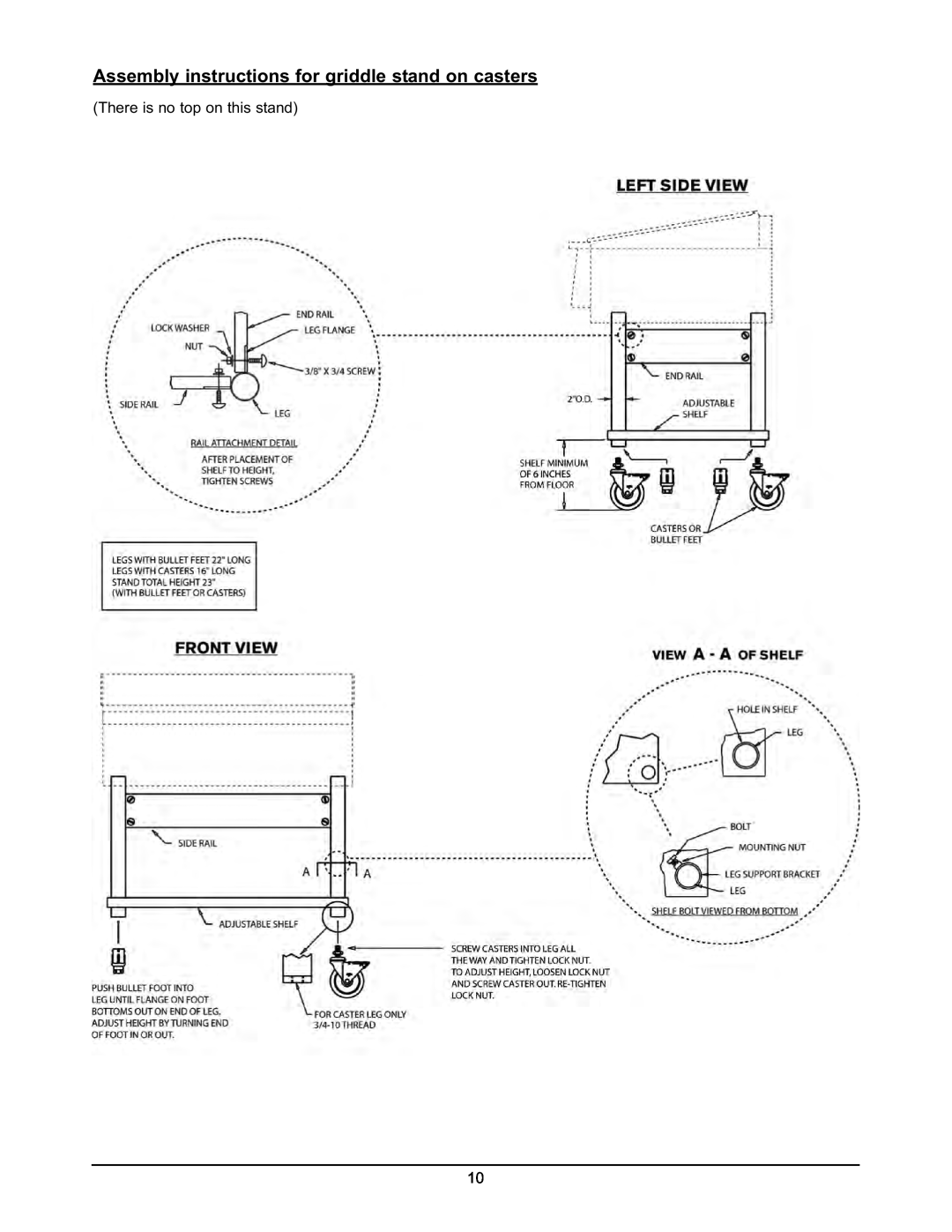 Keating Of Chicago Griddle user manual Assembly instructions for griddle stand on casters, There is no top on this stand 