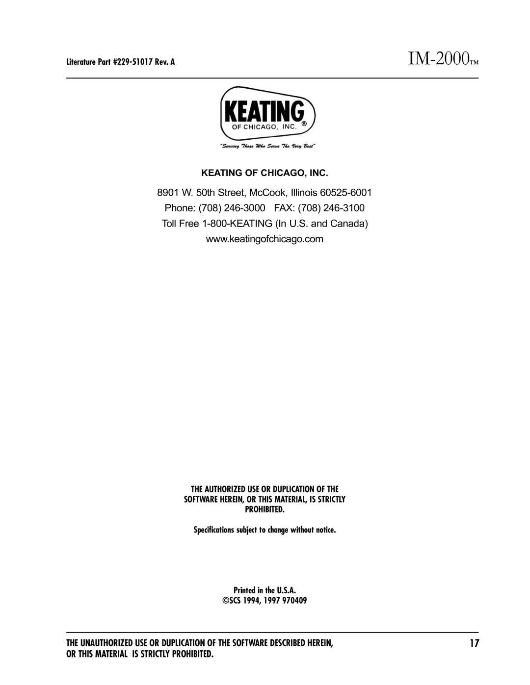 Keating Of Chicago IM-2000 manual 