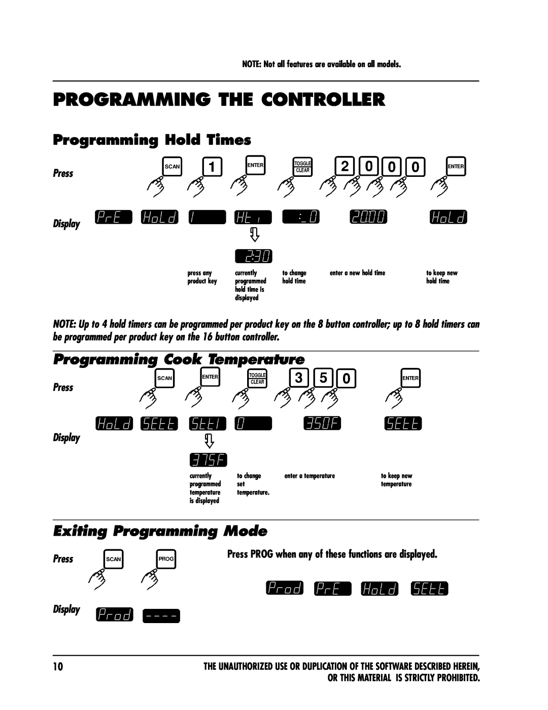 Keating Of Chicago IM-2000 Programming Hold Times, Programming Cook Temperature, Exiting Programming Mode, Press, Display 