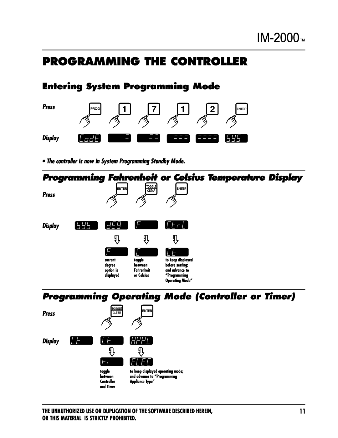 Keating Of Chicago IM-2000 Entering System Programming Mode, Programming Operating Mode Controller or Timer, Press Display 