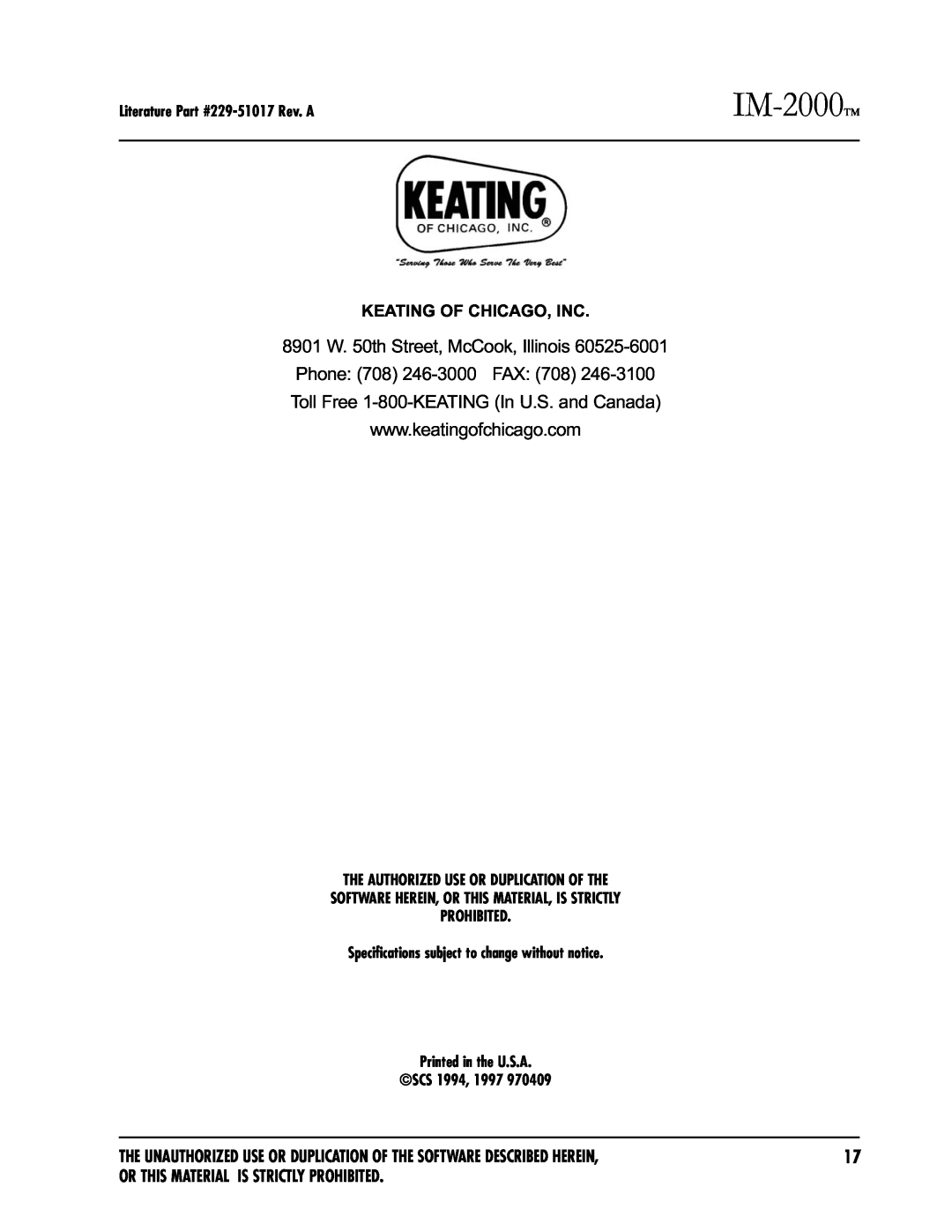 Keating Of Chicago IM-2000 manual Keating Of Chicago, Inc, Or This Material Is Strictly Prohibited 