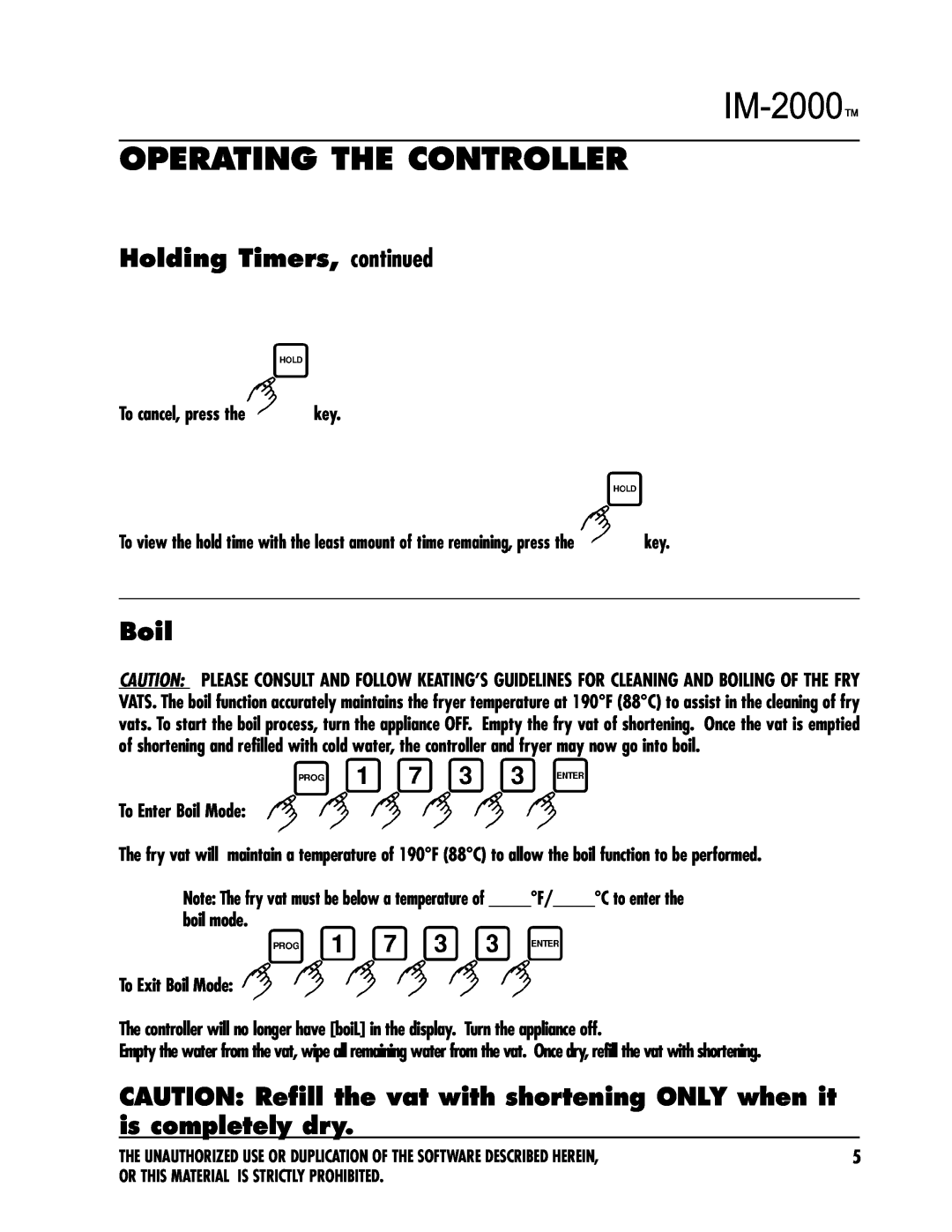 Keating Of Chicago IM-2000 manual Holding Timers, continued, Boil, Operating The Controller 