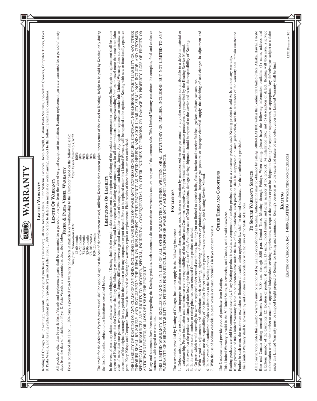 Keating Of Chicago PC14, LB-100, LB-165 owner manual Warranty 