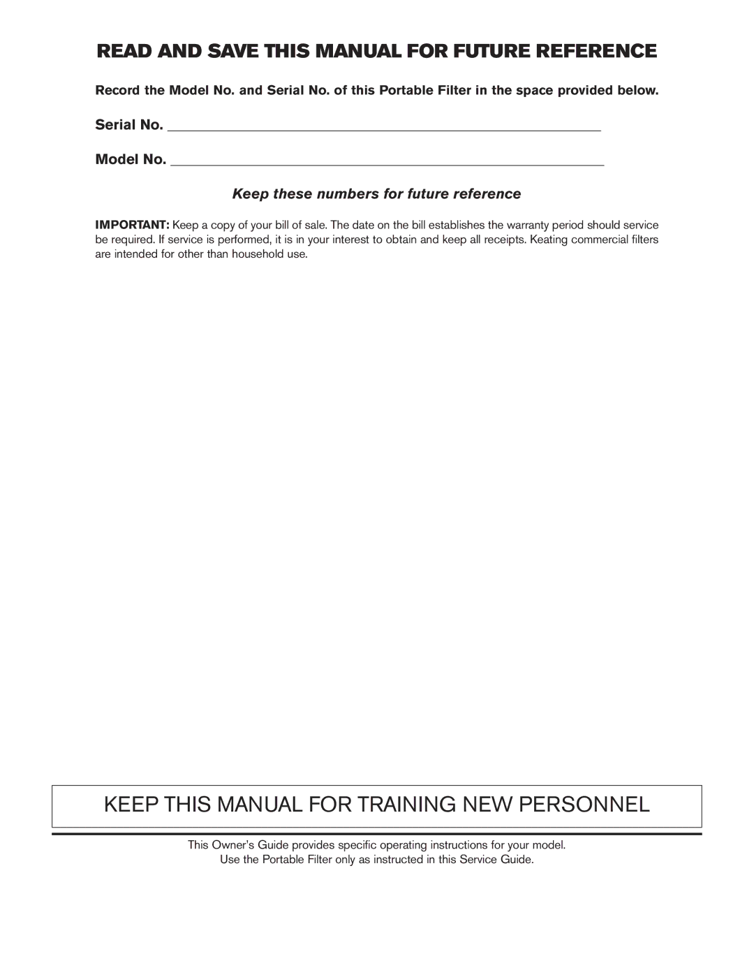 Keating Of Chicago LB-165, LB-100, PC14 owner manual Keep this Manual for Training NEW Personnel 