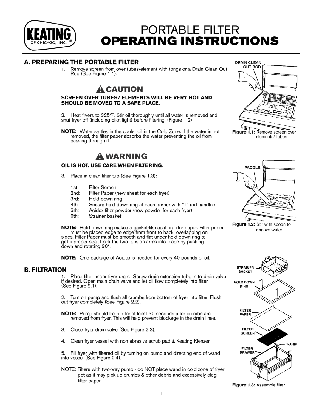 Keating Of Chicago LB-100, PC14, LB-165 owner manual Preparing the Portable Filter, Filtration 