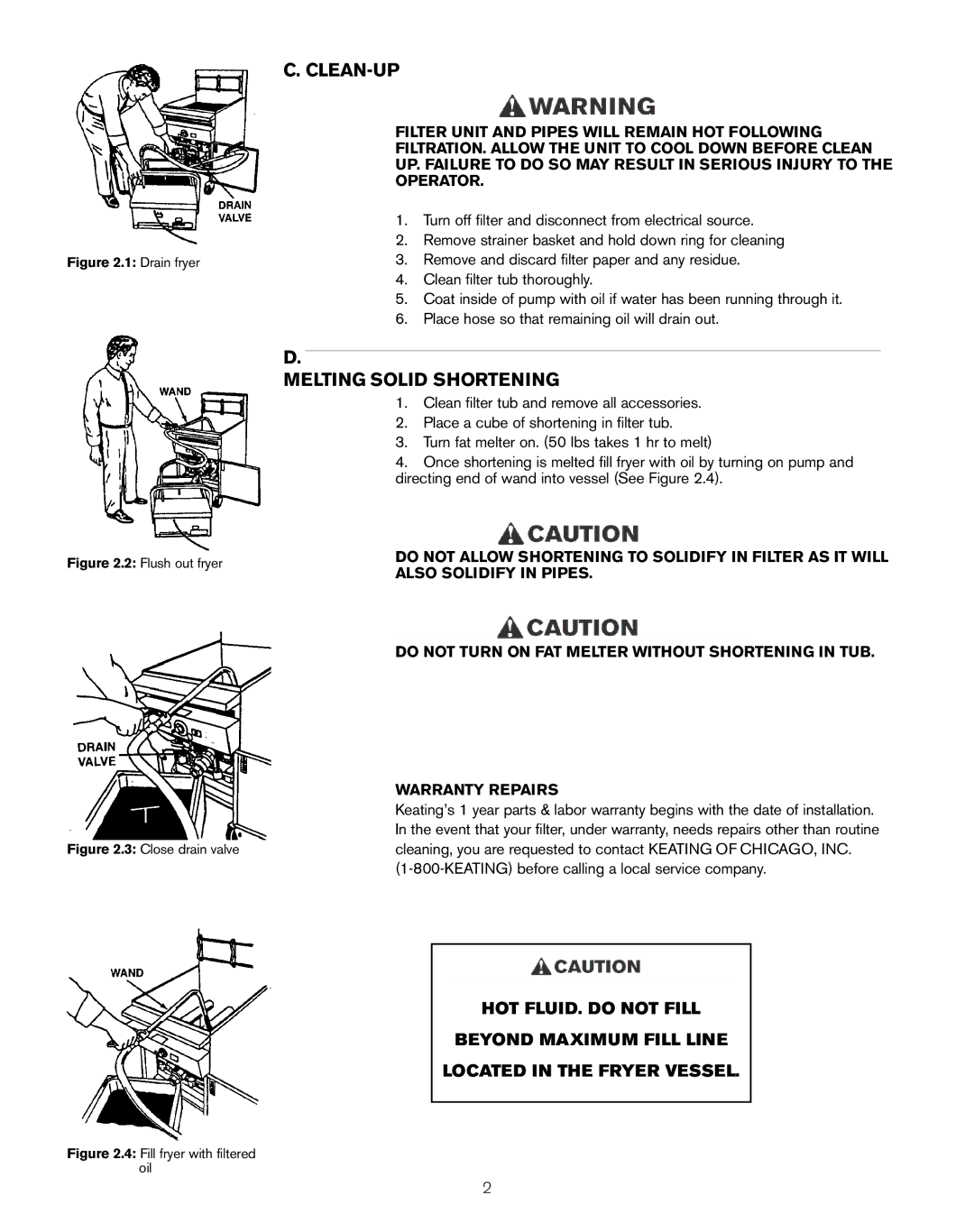 Keating Of Chicago PC14, LB-100, LB-165 owner manual Clean-Up, Melting Solid Shortening 