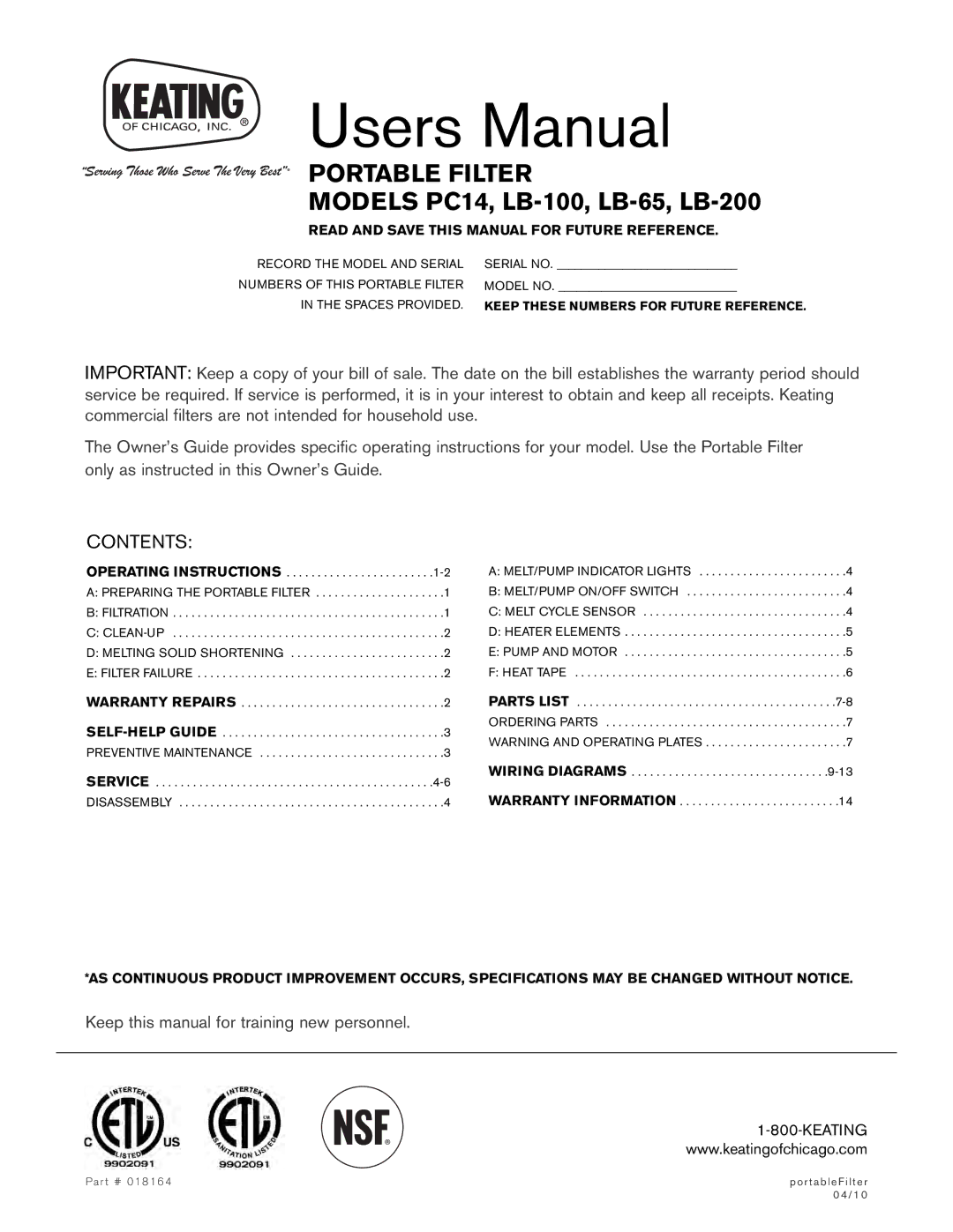 Keating Of Chicago LB-200, LB-65 user manual Portable Filter 